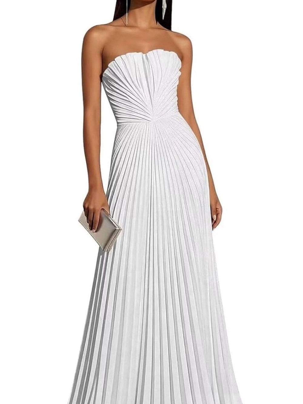 Strapless White Pleated Evening Gown